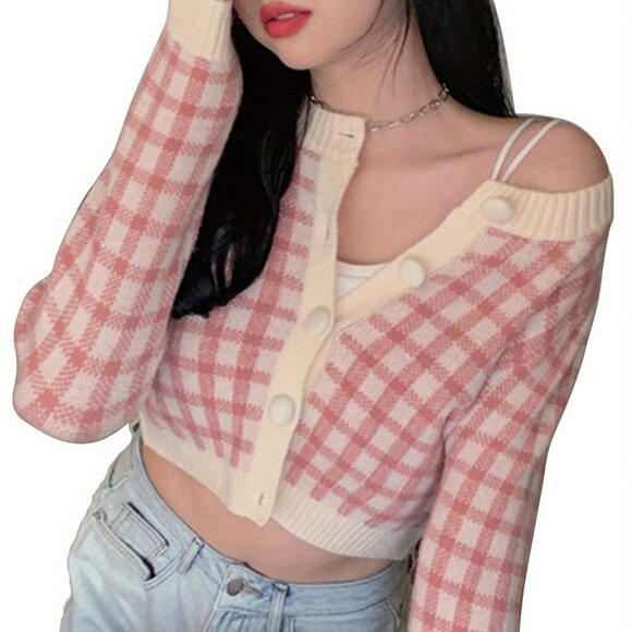 Pink Casual Women's Long Sleeve Button Down Plaid Slim Fit Cardigan - Picture 5 of 6